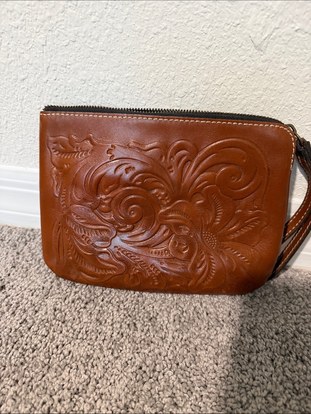 Patricia Nash Sleek Leather Zip Wrist Pouch in Cognac